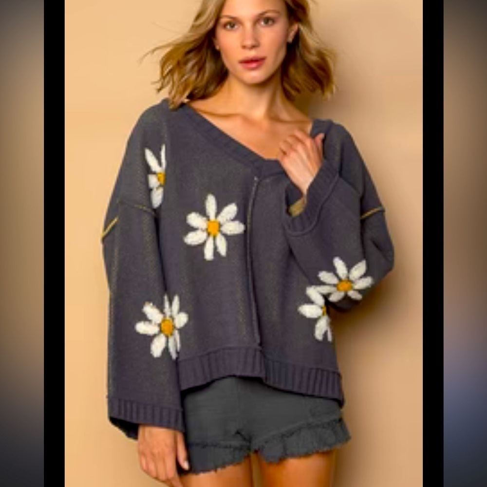 POL Relaxed fit Floral chenille sweater daisy fall oversized boho L casual knit